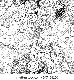 Tracery seamless calming pattern. Mehndi design. Ethnic monochrome binary doodle texture. Curved doodling black and white background. Vector.