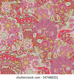 Tracery seamless calming pattern. Mehndi design. Ethnic colorful doodle texture. Curved doodling background. Vector.