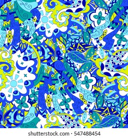 Tracery seamless calming pattern. Mehndi design. Ethnic colorful doodle texture. Curved doodling background. Vector.