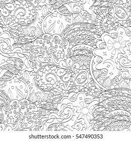 Tracery seamless calming pattern. Mehndi design. Ethnic monochrome binary doodle texture. Curved doodling black and white background. Vector.