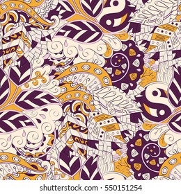 Tracery seamless calming pattern. Mehndi design. Ethnic colorful doodle texture. Curved doodling background. Vector.