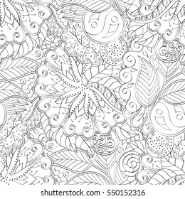 Tracery seamless calming pattern. Mehndi design. Ethnic monochrome binary doodle texture. Curved doodling black and white background. Vector.