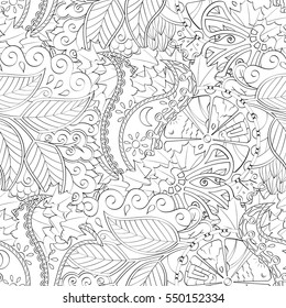 Tracery seamless calming pattern. Mehndi design. Ethnic monochrome binary doodle texture. Curved doodling black and white background. Vector.