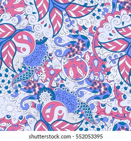 Tracery seamless calming pattern. Mehndi design. Ethnic colorful doodle texture. Curved doodling background. Vector.