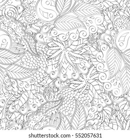 Tracery seamless calming pattern. Mehndi design. Ethnic monochrome binary doodle texture. Curved doodling black and white background. Vector.