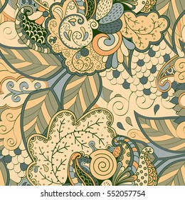 Tracery seamless calming pattern. Mehndi design. Ethnic colorful doodle texture. Curved doodling background. Vector.