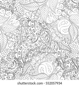 Tracery seamless calming pattern. Mehndi design. Ethnic monochrome binary doodle texture. Curved doodling black and white background. Vector.