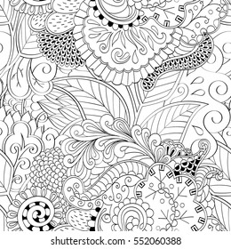 Tracery seamless calming pattern. Mehndi design. Ethnic monochrome binary doodle texture. Curved doodling black and white background. Vector.