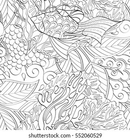 Tracery seamless calming pattern. Mehndi design. Ethnic monochrome binary doodle texture. Curved doodling black and white background. Vector.