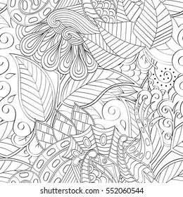 Tracery seamless calming pattern. Mehndi design. Ethnic monochrome binary doodle texture. Curved doodling black and white background. Vector.