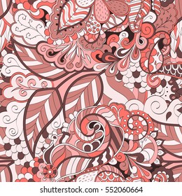 Tracery seamless calming pattern. Mehndi design. Ethnic colorful doodle texture. Curved doodling background. Vector.