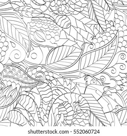 Tracery seamless calming pattern. Mehndi design. Ethnic monochrome binary doodle texture. Curved doodling black and white background. Vector.