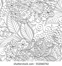 Tracery seamless calming pattern. Mehndi design. Ethnic monochrome binary doodle texture. Curved doodling black and white background. Vector.