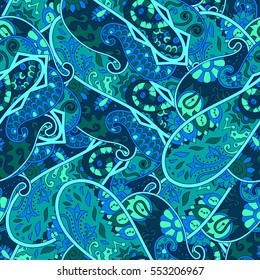 Tracery seamless calming pattern. Mehndi design. Ethnic colorful doodle texture. Curved doodling background. Vector.