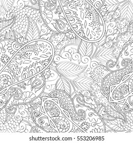 Tracery seamless calming pattern. Mehndi design. Ethnic monochrome binary doodle texture. Curved doodling black and white background. Vector.