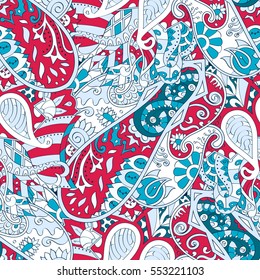 Tracery seamless calming pattern. Mehndi design. Ethnic colorful doodle texture. Curved doodling background. Vector.