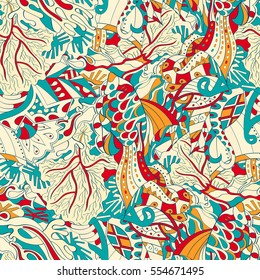 Tracery seamless calming pattern. Mehndi design. Ethnic colorful doodle texture. Curved doodling background. Vector.