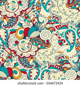 Tracery seamless calming pattern. Mehndi design. Ethnic colorful doodle texture. Curved doodling background. Vector.
