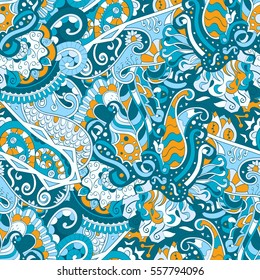 Tracery seamless calming pattern. Mehndi design. Ethnic colorful doodle texture. Curved doodling background. Vector.