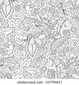 Tracery seamless calming pattern. Mehndi design. Ethnic monochrome binary doodle texture. Curved doodling black and white background. Vector.