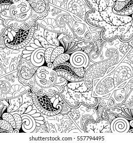 Tracery seamless calming pattern. Mehndi design. Ethnic monochrome binary doodle texture. Curved doodling black and white background. Vector.