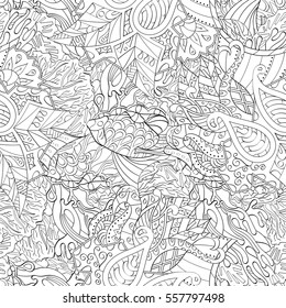 Tracery seamless calming pattern. Mehndi design. Ethnic monochrome binary doodle texture. Curved doodling black and white background. Vector.