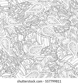 Tracery seamless calming pattern. Mehndi design. Ethnic monochrome binary doodle texture. Curved doodling black and white background. Vector.