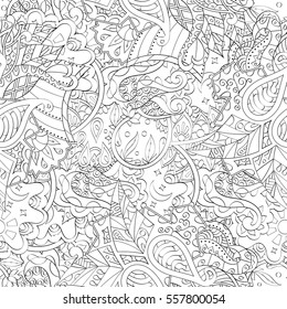Tracery seamless calming pattern. Mehndi design. Ethnic monochrome binary doodle texture. Curved doodling black and white background. Vector.