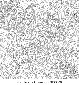 Tracery seamless calming pattern. Mehndi design. Ethnic monochrome binary doodle texture. Curved doodling black and white background. Vector.