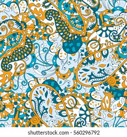 Tracery seamless calming pattern. Mehndi design. Ethnic colorful doodle texture. Curved doodling background. Vector.