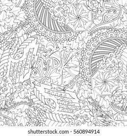 Tracery seamless calming pattern. Mehndi design. Ethnic monochrome binary doodle texture. Curved doodling black and white background. Vector.