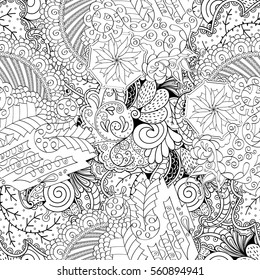 Tracery seamless calming pattern. Mehndi design. Ethnic monochrome binary doodle texture. Curved doodling black and white background. Vector.