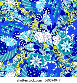 Tracery seamless calming pattern. Mehndi design. Ethnic colorful doodle texture. Curved doodling background. Vector.