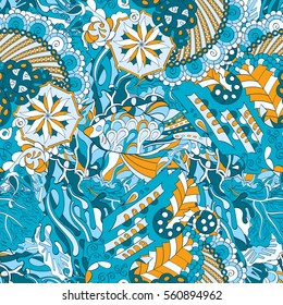 Tracery seamless calming pattern. Mehndi design. Ethnic colorful doodle texture. Curved doodling background. Vector.