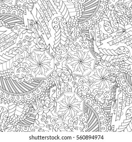Tracery seamless calming pattern. Mehndi design. Ethnic monochrome binary doodle texture. Curved doodling black and white background. Vector.