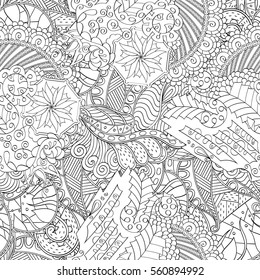 Tracery seamless calming pattern. Mehndi design. Ethnic monochrome binary doodle texture. Curved doodling black and white background. Vector.