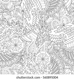 Tracery seamless calming pattern. Mehndi design. Ethnic monochrome binary doodle texture. Curved doodling black and white background. Vector.