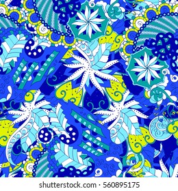 Tracery seamless calming pattern. Mehndi design. Ethnic colorful doodle texture. Curved doodling background. Vector.
