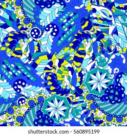 Tracery seamless calming pattern. Mehndi design. Ethnic colorful doodle texture. Curved doodling background. Vector.