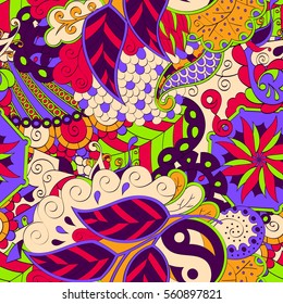 Tracery seamless calming pattern. Mehndi design. Ethnic colorful doodle texture. Curved doodling background. Vector.