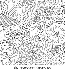 Tracery seamless calming pattern. Mehndi design. Ethnic monochrome binary doodle texture. Curved doodling black and white background. Vector.