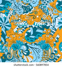 Tracery seamless calming pattern. Mehndi design. Ethnic colorful doodle texture. Curved doodling background. Vector.