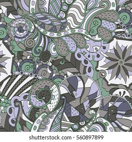 Tracery seamless calming pattern. Mehndi design. Ethnic colorful doodle texture. Curved doodling background. Vector.