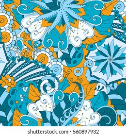 Tracery seamless calming pattern. Mehndi design. Ethnic colorful doodle texture. Curved doodling background. Vector.
