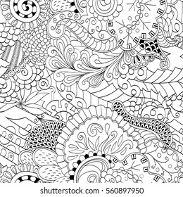 Tracery seamless calming pattern. Mehndi design. Ethnic monochrome binary doodle texture. Curved doodling black and white background. Vector.