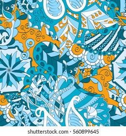 Tracery seamless calming pattern. Mehndi design. Ethnic colorful doodle texture. Curved doodling background. Vector.