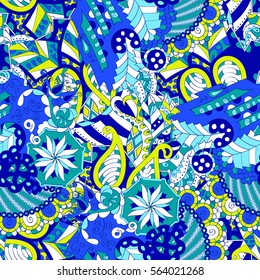 Tracery seamless calming pattern. Mehndi design. Ethnic colorful doodle texture. Curved doodling background. Vector.
