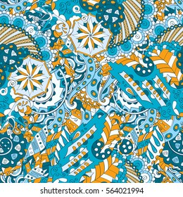 Tracery seamless calming pattern. Mehndi design. Ethnic colorful doodle texture. Curved doodling background. Vector.