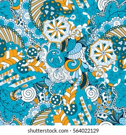 Tracery seamless calming pattern. Mehndi design. Ethnic colorful doodle texture. Curved doodling background. Vector.