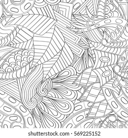 Tracery seamless calming pattern. Mehndi design. Ethnic monochrome binary doodle texture. Curved doodling black and white background. Vector.